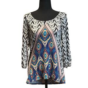 Chico's Ikat 3/4 Length Sleeves Blouse, Multicolor, Black Chico's Sz 0 (4-6)